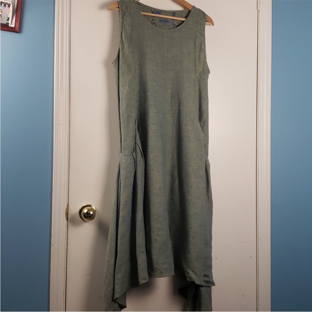 Yuvita 100% linen sleeveless green dress size Large